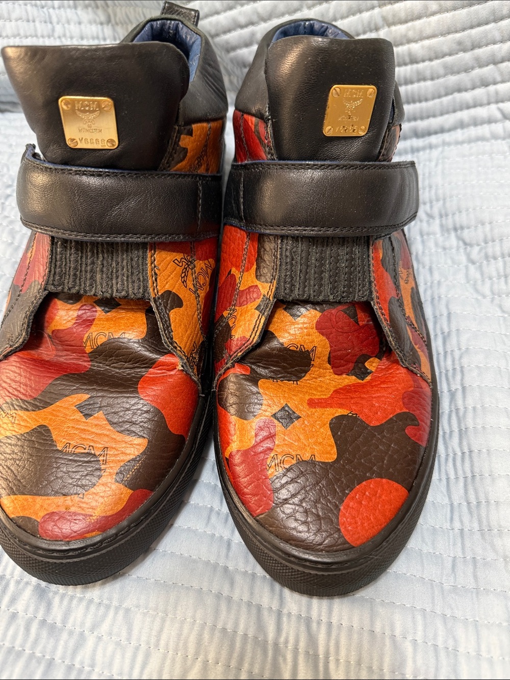MCM Men's Black Red Orange Camouflage High-Top Sneakers